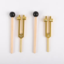 Load image into Gallery viewer, Metal Tuning Fork 432Hz and 528Hz Gold Color with bags and mallets