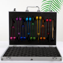 Load image into Gallery viewer, Metal Tuning Fork 7 Chakras and Soul Purpose Rainbow Color with portable case and mallet
