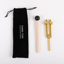 Load image into Gallery viewer, Metal Tuning Fork 432Hz and 528Hz Gold Color with bags and mallets
